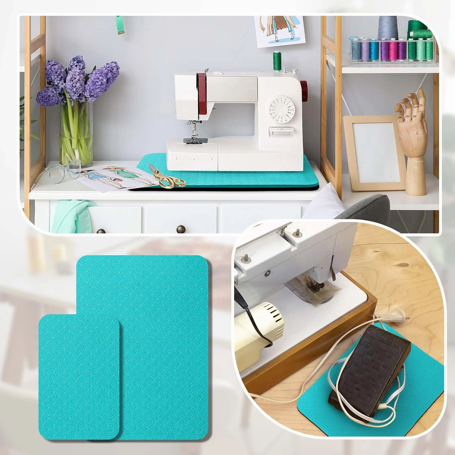 2 Pcs Sewing Machine Muffling Mat Pedal Sewing Mat Reduce Vibrations Noise No Slip Machine Accessories for Quilting(15'' X 20'' and 9'' X 14'',Blue, Black)