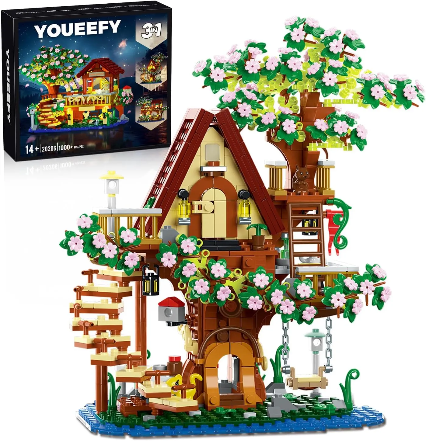 3 in 1 Cherry Blossom Tree House Building Blocks Set, 1000  PCS DIY Architecture Model for Adults & Teens 14 , Miniature Decor with LED Lights, Creative Gift for Birthday & Christmas