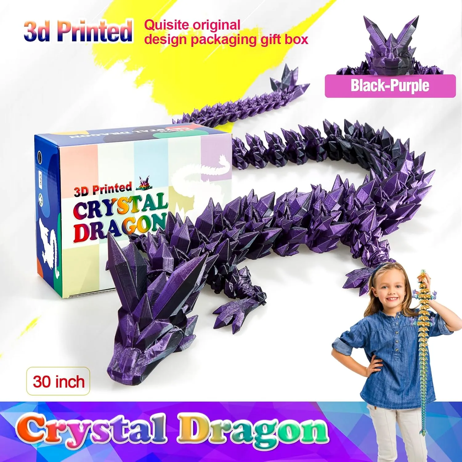 30 Inch Large 3D Printed Crystal Dragon Toy,Dragon Figurine Large Toy for Kids