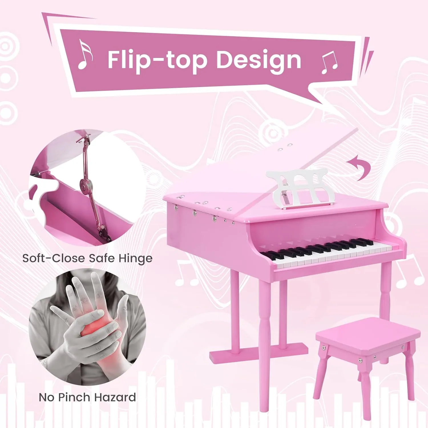 30-Key Kids Classic Piano Musical Instrument, Electronic Kids Keyboard w/ Piano Lid, Bench, Safe Hinge & Detachable Music Stand for Kids 3 Years , Black/Pink/White (Pink)