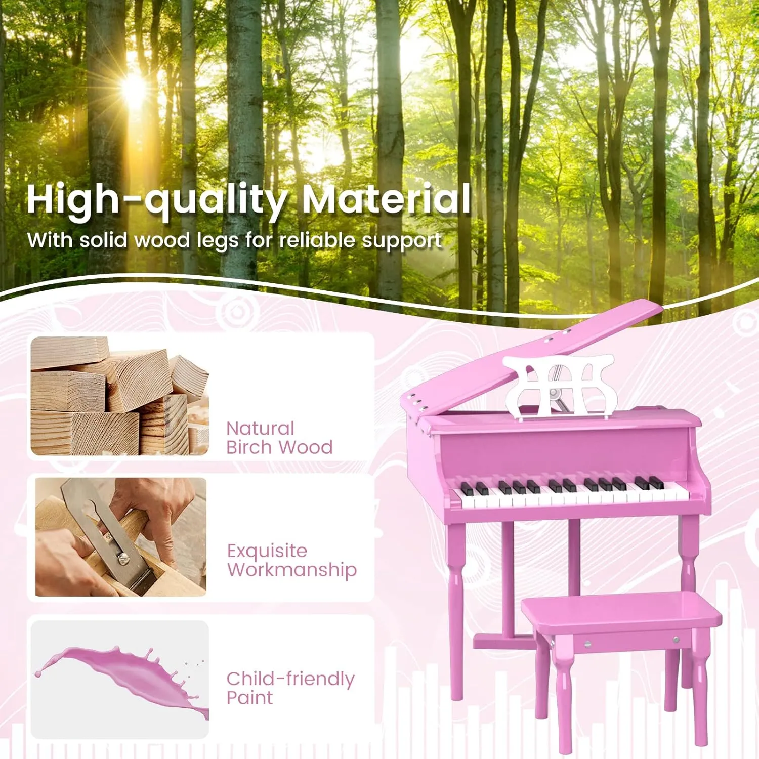 30-Key Kids Classic Piano Musical Instrument, Electronic Kids Keyboard w/ Piano Lid, Bench, Safe Hinge & Detachable Music Stand for Kids 3 Years , Black/Pink/White (Pink)