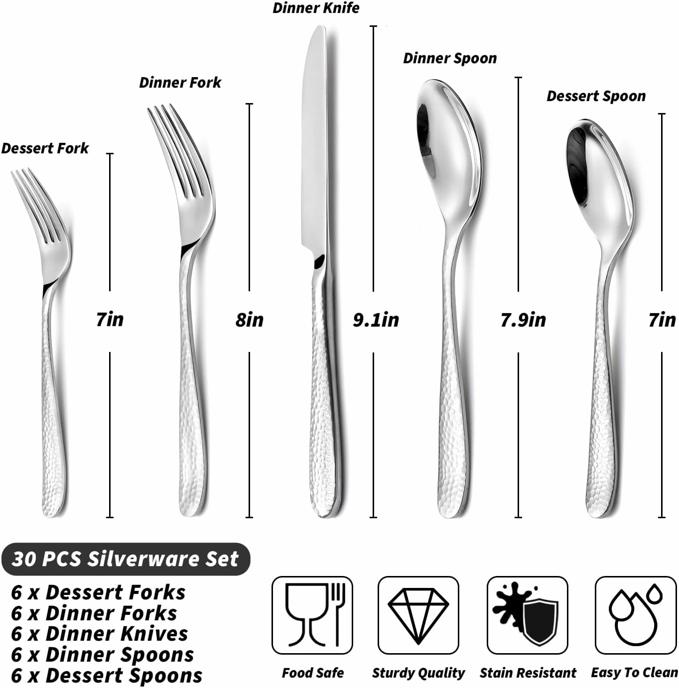 30 Piece Hammered Silverware Set For 6, FIWAREX 18/10 Stainless Steel Flatware Set with Textured Handle, Sturdy and Heavy Cutlery Set, Mirror Polished Dinner Knives, Forks, Spoons, Dishwasher Safe