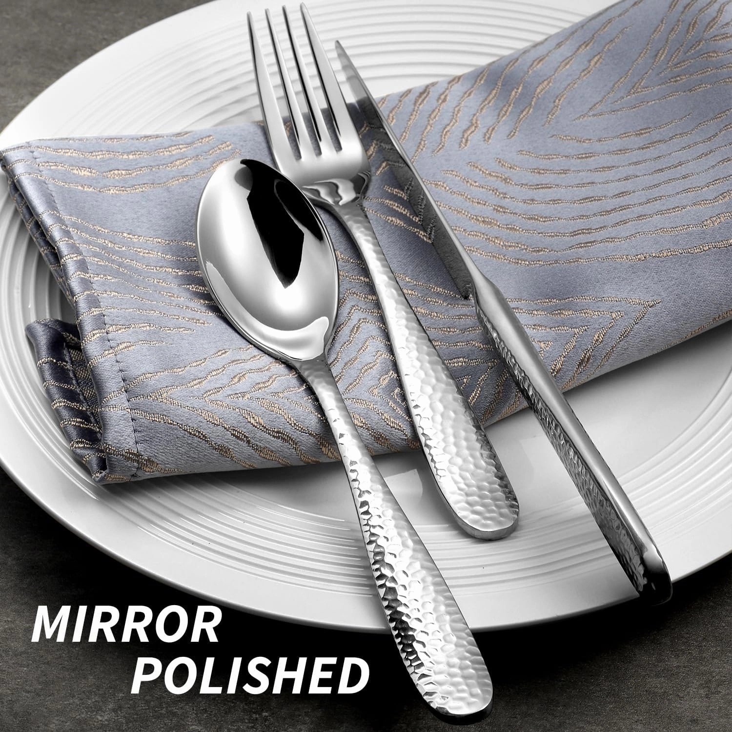 30 Piece Hammered Silverware Set For 6, FIWAREX 18/10 Stainless Steel Flatware Set with Textured Handle, Sturdy and Heavy Cutlery Set, Mirror Polished Dinner Knives, Forks, Spoons, Dishwasher Safe