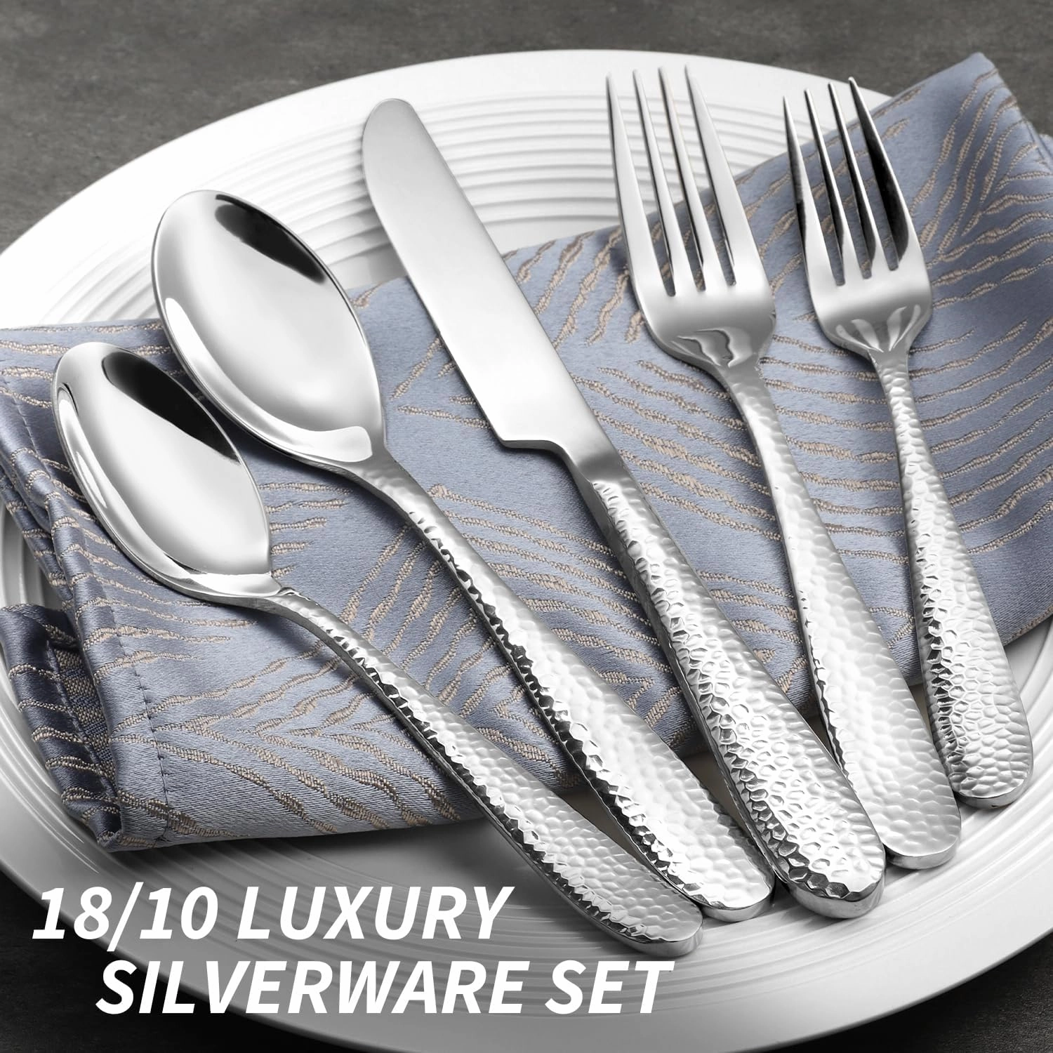 30 Piece Hammered Silverware Set For 6, FIWAREX 18/10 Stainless Steel Flatware Set with Textured Handle, Sturdy and Heavy Cutlery Set, Mirror Polished Dinner Knives, Forks, Spoons, Dishwasher Safe