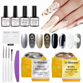 31Pcs Metallic Nail Gel Polish Set, Mirror Silver and Golden Metal Painting Gel Set with Base Top Coat White Black Nail Gel Brush Nail File, Super Glossy Soak Off UV/LED Nail Gel Kit Gifts