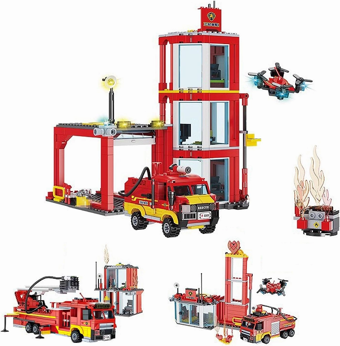 3 in 1 City Fire Station,Fire Engine Building Toy Set with Truck,Firehouse Headquarters,Brigade Rescue Plane Toy for Kids and Fans of Firefighter Toys, Fun Gift Idea.Comes with 4 Figures.