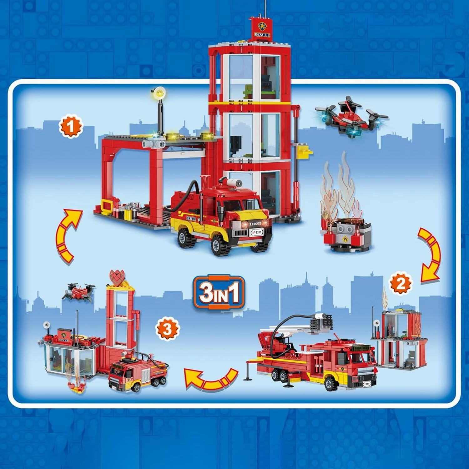 3 in 1 City Fire Station,Fire Engine Building Toy Set with Truck,Firehouse Headquarters,Brigade Rescue Plane Toy for Kids and Fans of Firefighter Toys, Fun Gift Idea.Comes with 4 Figures.
