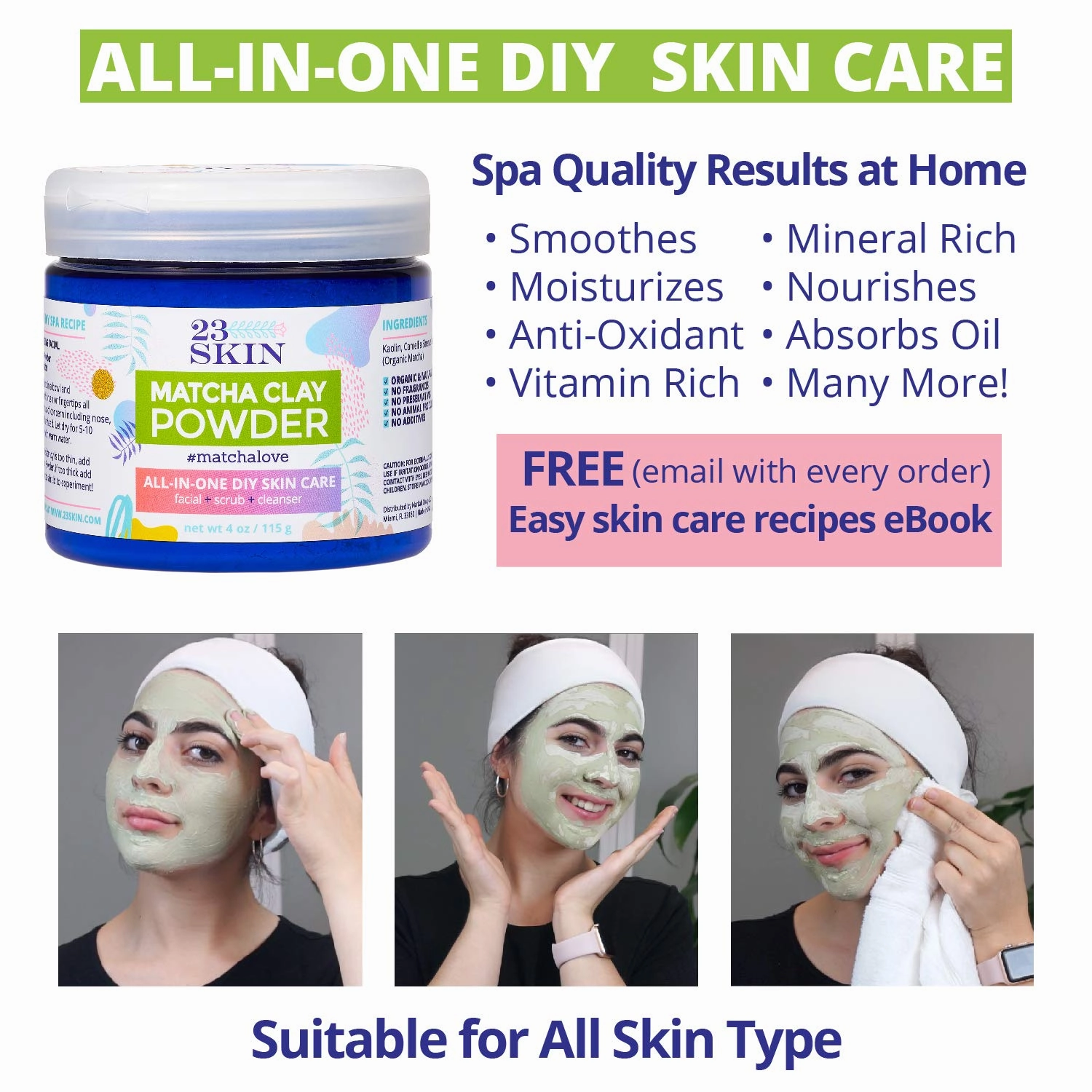 3 SKIN Matcha Green Tea Powder Face Mask with Kaolin Clay - Organic Anti-Aging Antioxidants   DIY Facial Scrub and Pore Cleanser - Absorb Oils and Impurities - 0.88 oz (115 g)