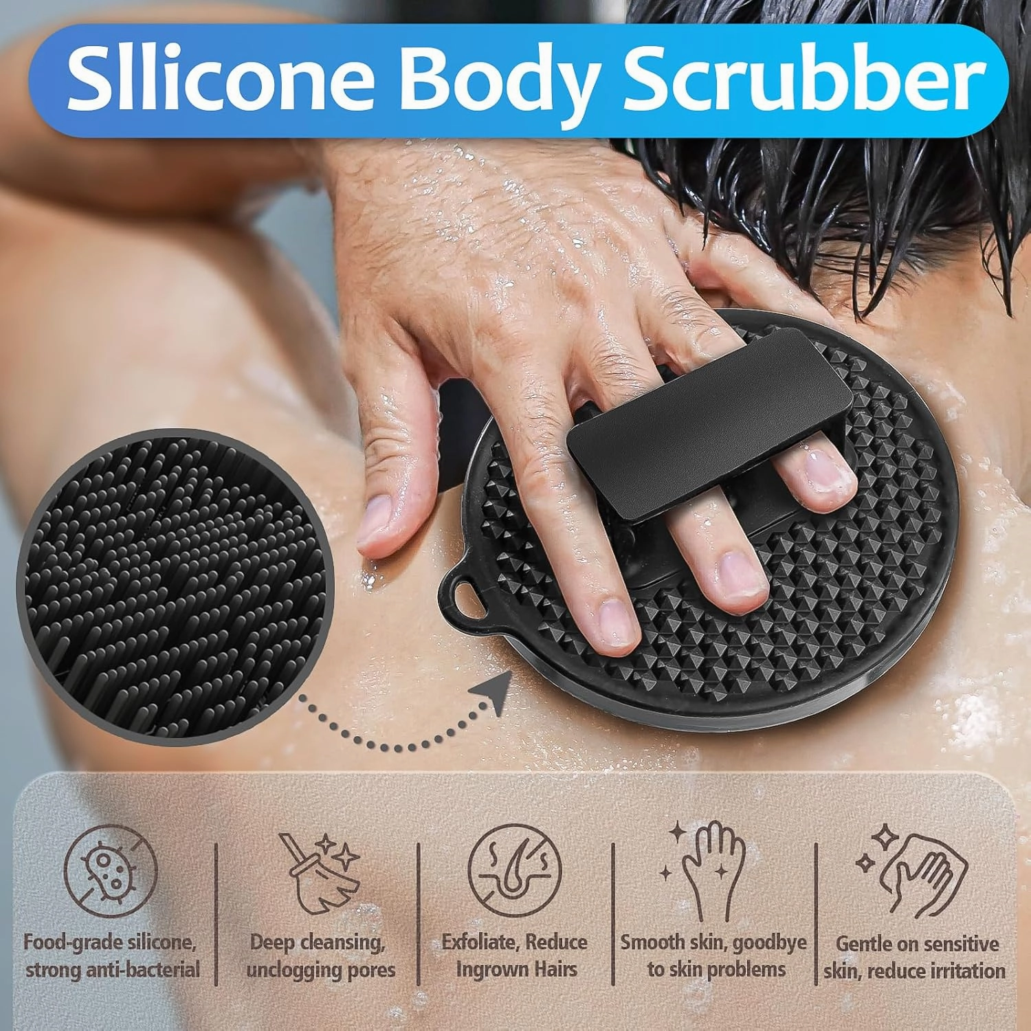 3 Soft Silicone Scrubbers - Body Exfoliating Brush Skin Massage Shower Scrubber Body Buffer, with Super Soft Handheld Facial Cleansing Brush, with Hair Shampoo Brush Scalp Massager (Black)
