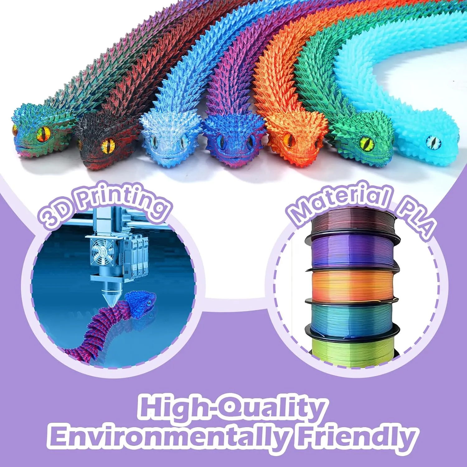 3D Printed Viper,3D Printed Snake Toy,3D Printed Animal, Fingertip 3D Printed Toys for Autism Hyperactivity Disorder-Home Office Decor Executive Desk Toys (RED,Green-Blue, 23.63 in)
