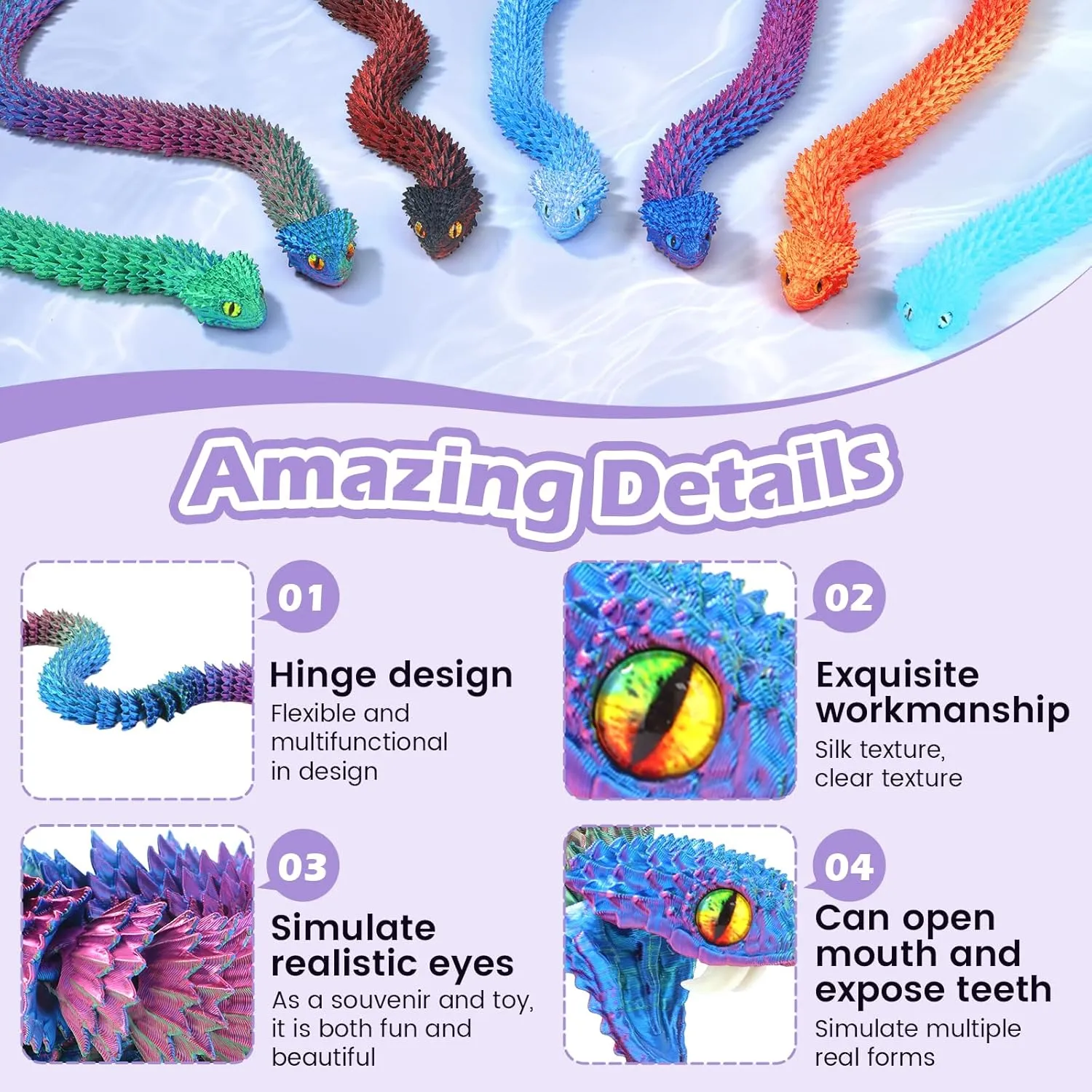 3D Printed Viper,3D Printed Snake Toy,3D Printed Animal, Fingertip 3D Printed Toys for Autism Hyperactivity Disorder-Home Office Decor Executive Desk Toys (RED,Green-Blue, 23.63 in)