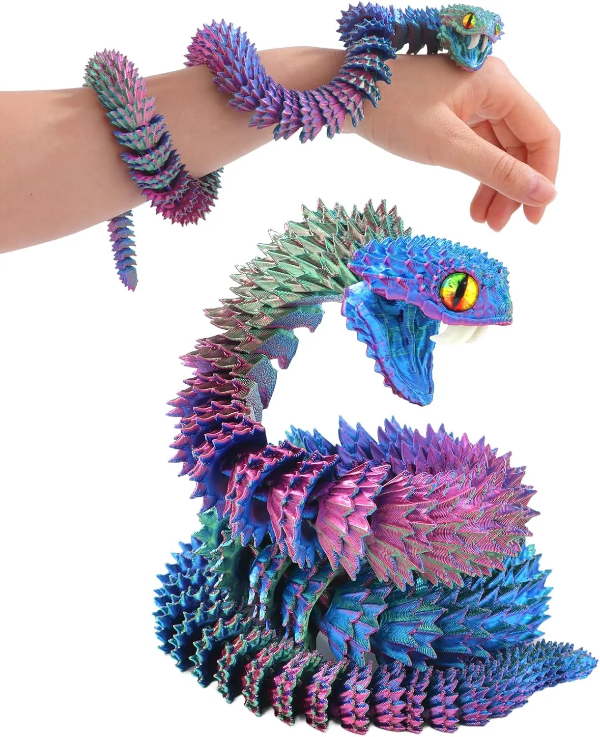 3D Printed Viper,3D Printed Snake Toy,3D Printed Animal, Fingertip 3D Printed Toys for Autism Hyperactivity Disorder-Home Office Decor Executive Desk Toys (RED,Green-Blue, 23.63 in)