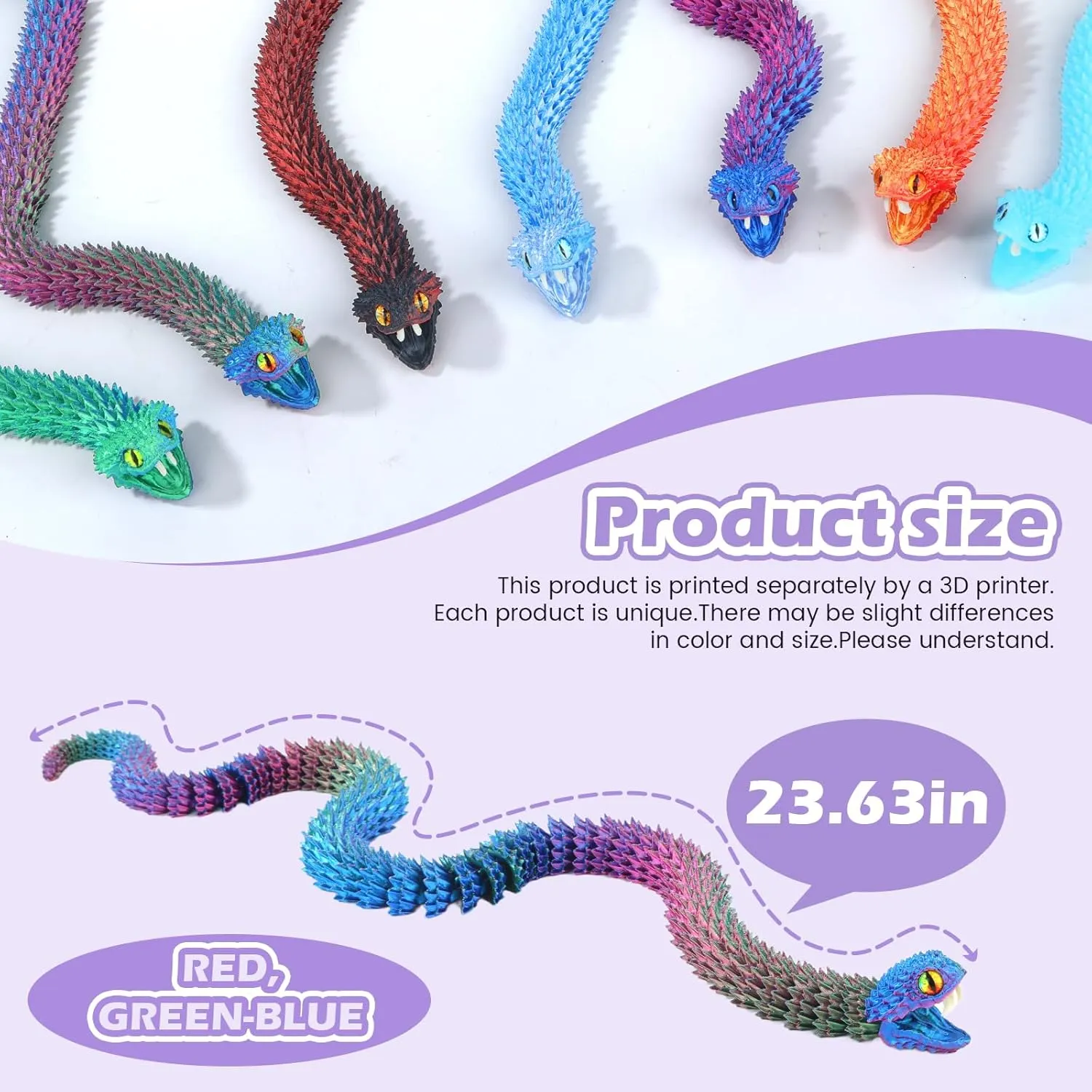 3D Printed Viper,3D Printed Snake Toy,3D Printed Animal, Fingertip 3D Printed Toys for Autism Hyperactivity Disorder-Home Office Decor Executive Desk Toys (RED,Green-Blue, 23.63 in)