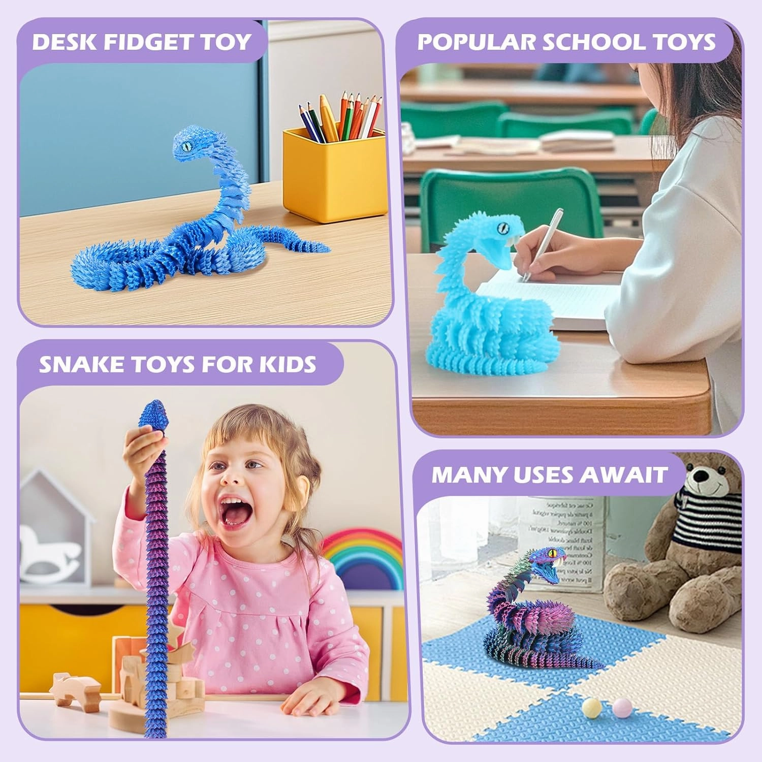 3D Printed Viper,3D Printed Snake Toy,3D Printed Animal, Fingertip 3D Printed Toys for Autism Hyperactivity Disorder-Home Office Decor Executive Desk Toys (RED-Black, 23.63 in)