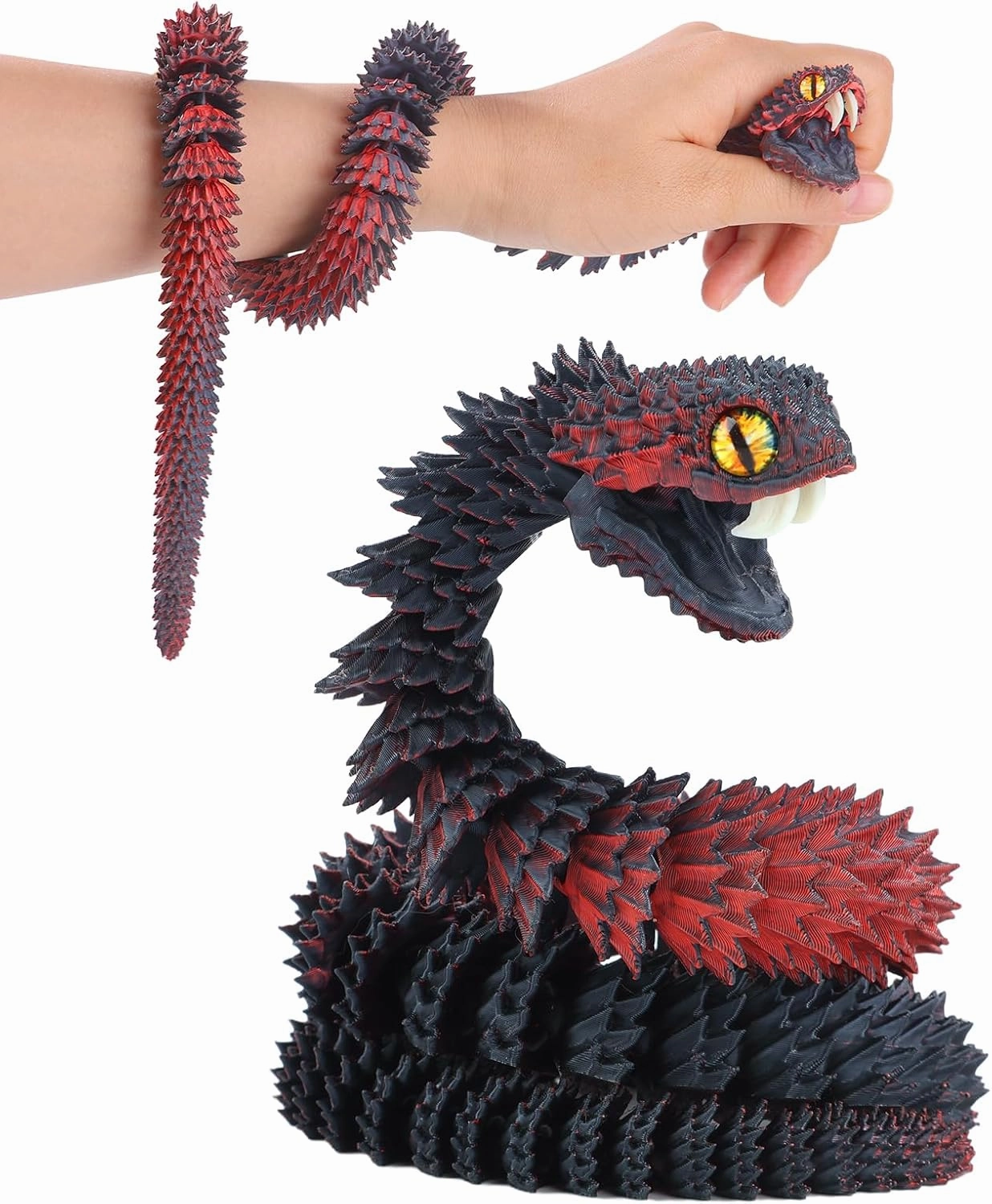 3D Printed Viper,3D Printed Snake Toy,3D Printed Animal, Fingertip 3D Printed Toys for Autism Hyperactivity Disorder-Home Office Decor Executive Desk Toys (RED-Black, 23.63 in)
