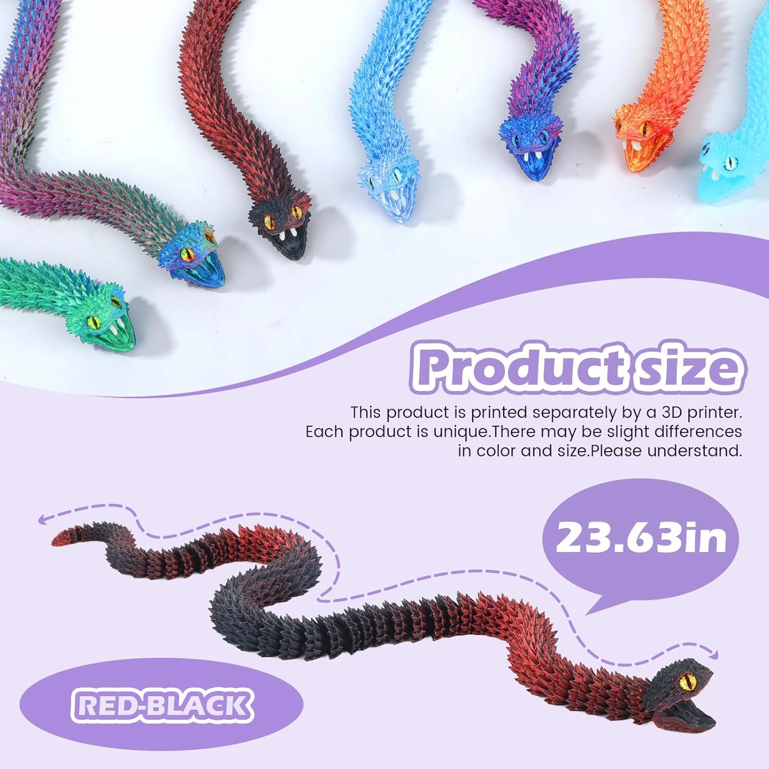 3D Printed Viper,3D Printed Snake Toy,3D Printed Animal, Fingertip 3D Printed Toys for Autism Hyperactivity Disorder-Home Office Decor Executive Desk Toys (RED-Black, 23.63 in)