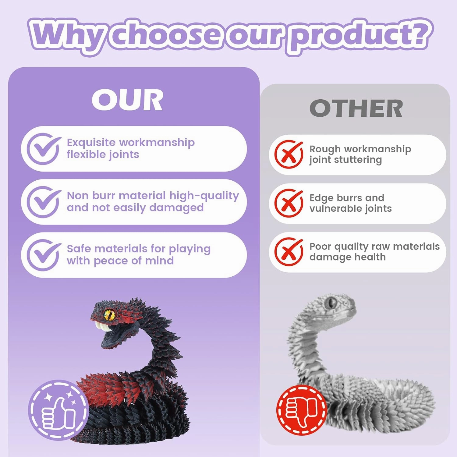 3D Printed Viper,3D Printed Snake Toy,3D Printed Animal, Fingertip 3D Printed Toys for Autism Hyperactivity Disorder-Home Office Decor Executive Desk Toys (RED-Black, 23.63 in)