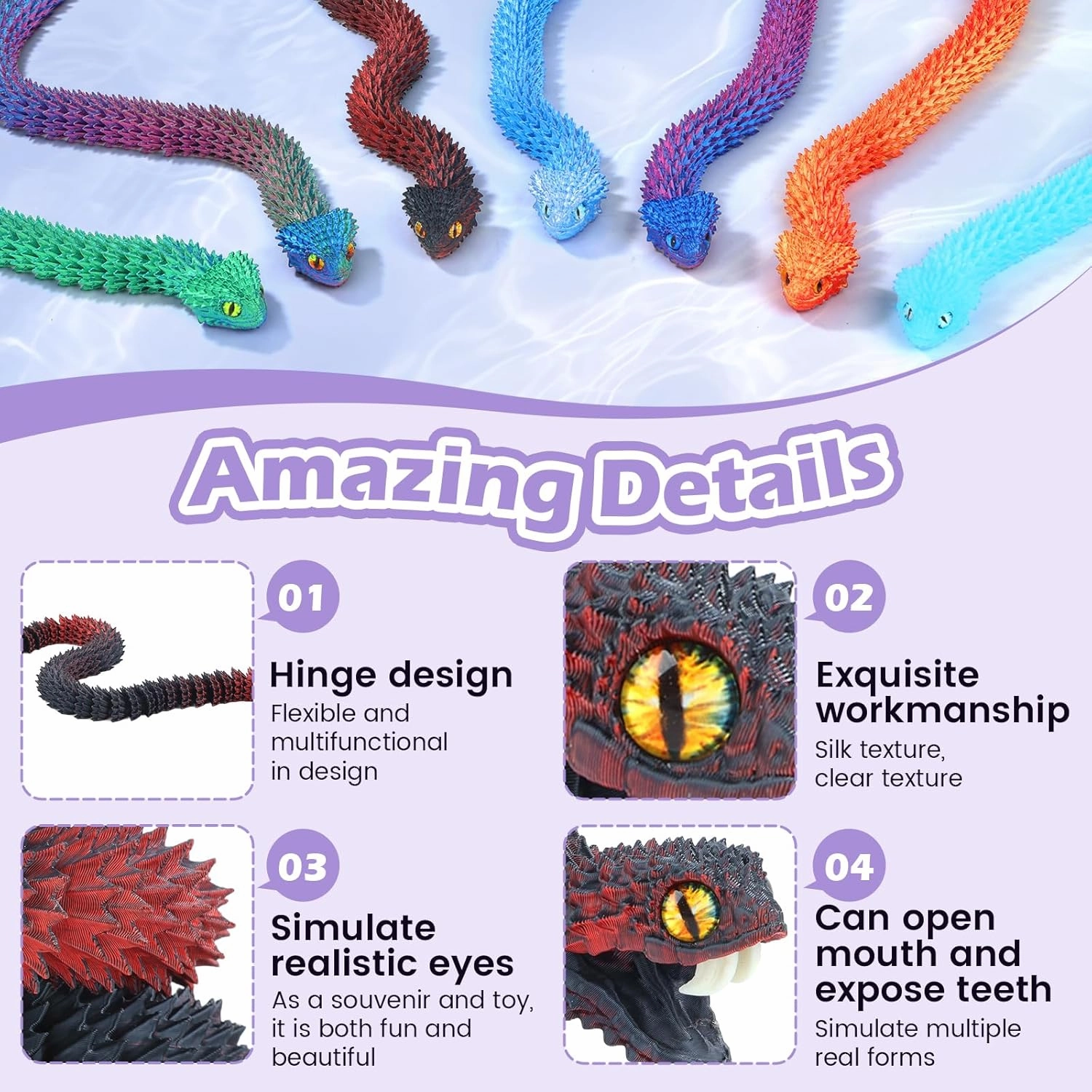 3D Printed Viper,3D Printed Snake Toy,3D Printed Animal, Fingertip 3D Printed Toys for Autism Hyperactivity Disorder-Home Office Decor Executive Desk Toys (RED-Black, 23.63 in)