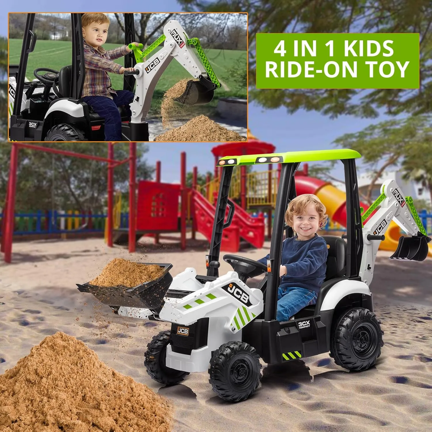4 in 1 JCB Ride On Excavator, 12V Kids Excavator Ride On Toy with Remote Control & Front Loader & Digger, Four Transformable Forms Kids Ride On Car Toy
