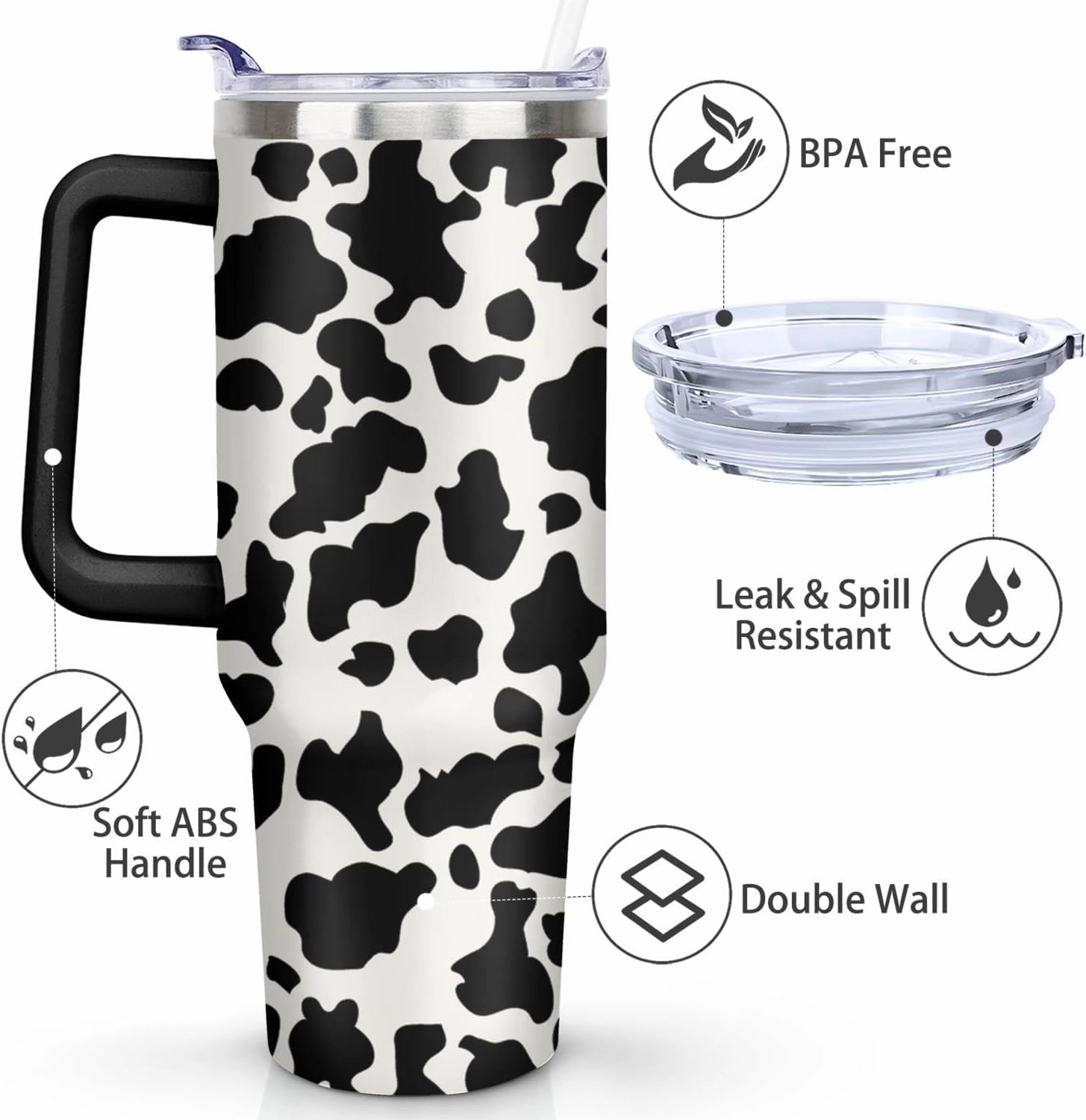 40 oz Cow Tumbler with Handle and Straw Lid,Leak Proof Travel Stainless Insulated Tumbler,Cup Holder Friendly,Perfect for Outdoor Travel Car and Sports