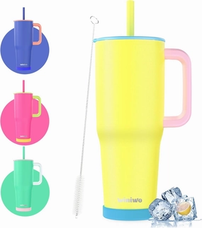 40 oz Tumbler with Handle and Straw for Her, Flexible Straw, Insulated Tumbler Cups with Silicone Bottom, Keeps Beverages Cold Up to 24 Hours, Gym/Work/Travel/School/Gift（Lemon Yellow）