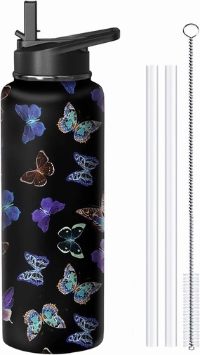 40oz Butterfly Water Bottle with Handle and Flip Straw, Animal Sports Stainless Steel Insulated Cup Travel Coffee Mug Tumbler, Birthday Mothers Day Chritmas Gifts for Women