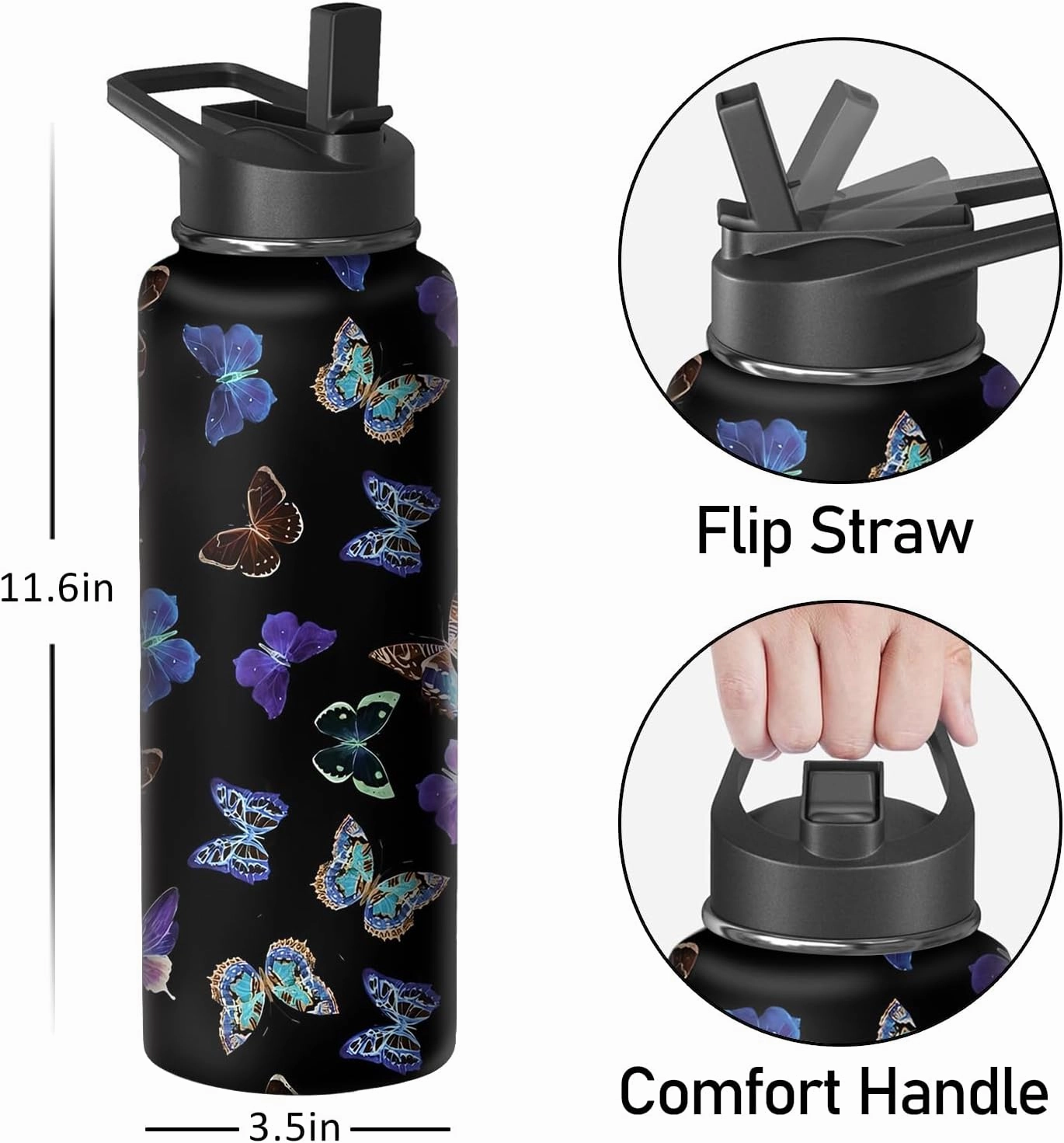 40oz Butterfly Water Bottle with Handle and Flip Straw, Animal Sports Stainless Steel Insulated Cup Travel Coffee Mug Tumbler, Birthday Mothers Day Chritmas Gifts for Women