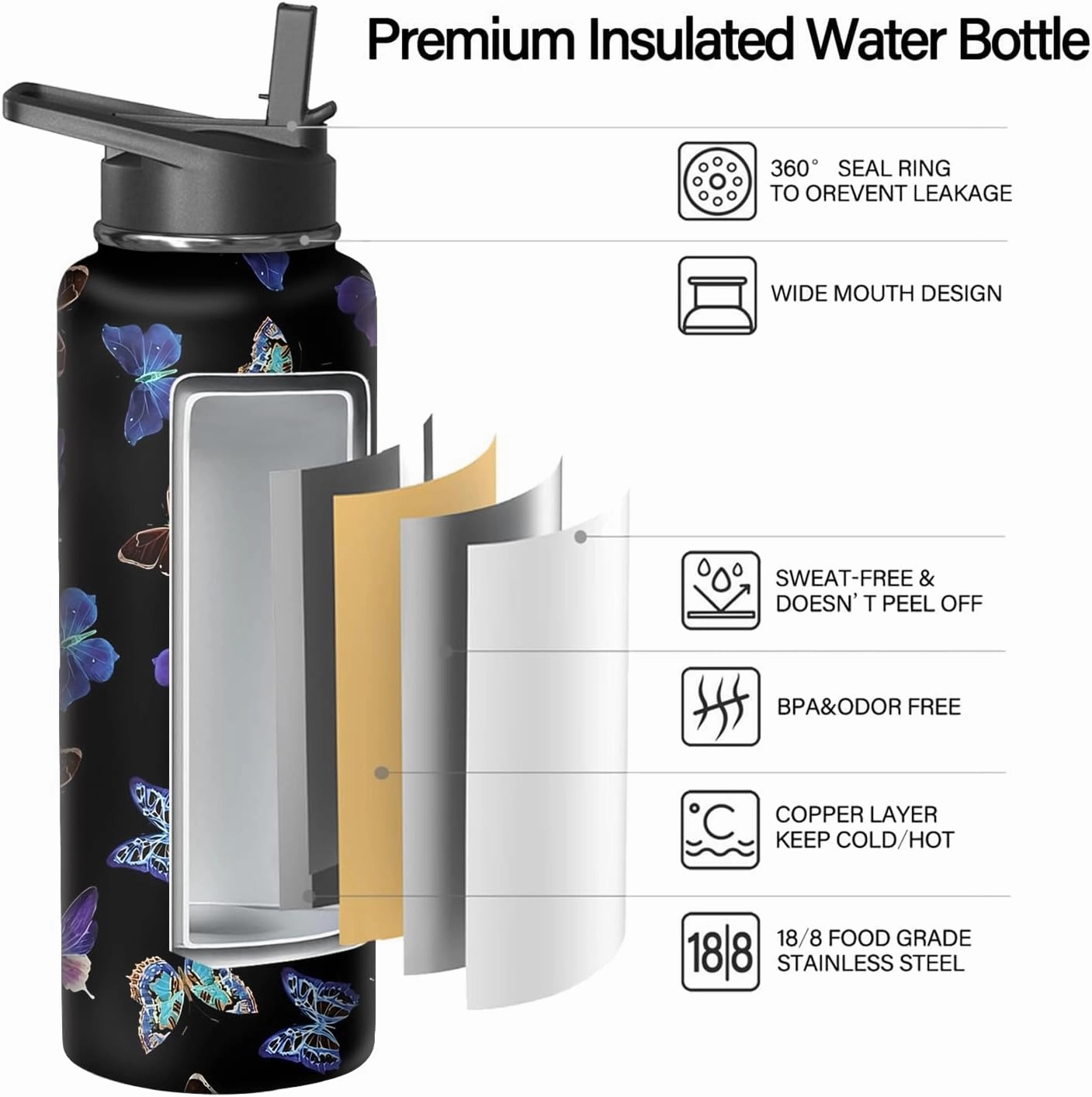 40oz Butterfly Water Bottle with Handle and Flip Straw, Animal Sports Stainless Steel Insulated Cup Travel Coffee Mug Tumbler, Birthday Mothers Day Chritmas Gifts for Women