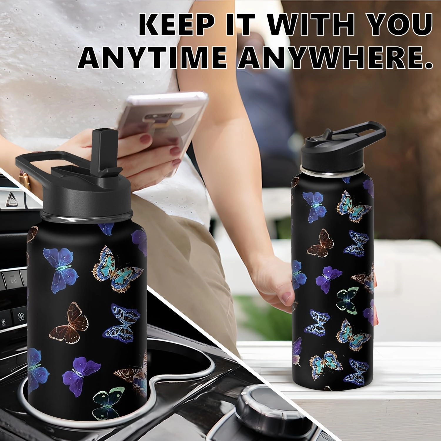 40oz Butterfly Water Bottle with Handle and Flip Straw, Animal Sports Stainless Steel Insulated Cup Travel Coffee Mug Tumbler, Birthday Mothers Day Chritmas Gifts for Women