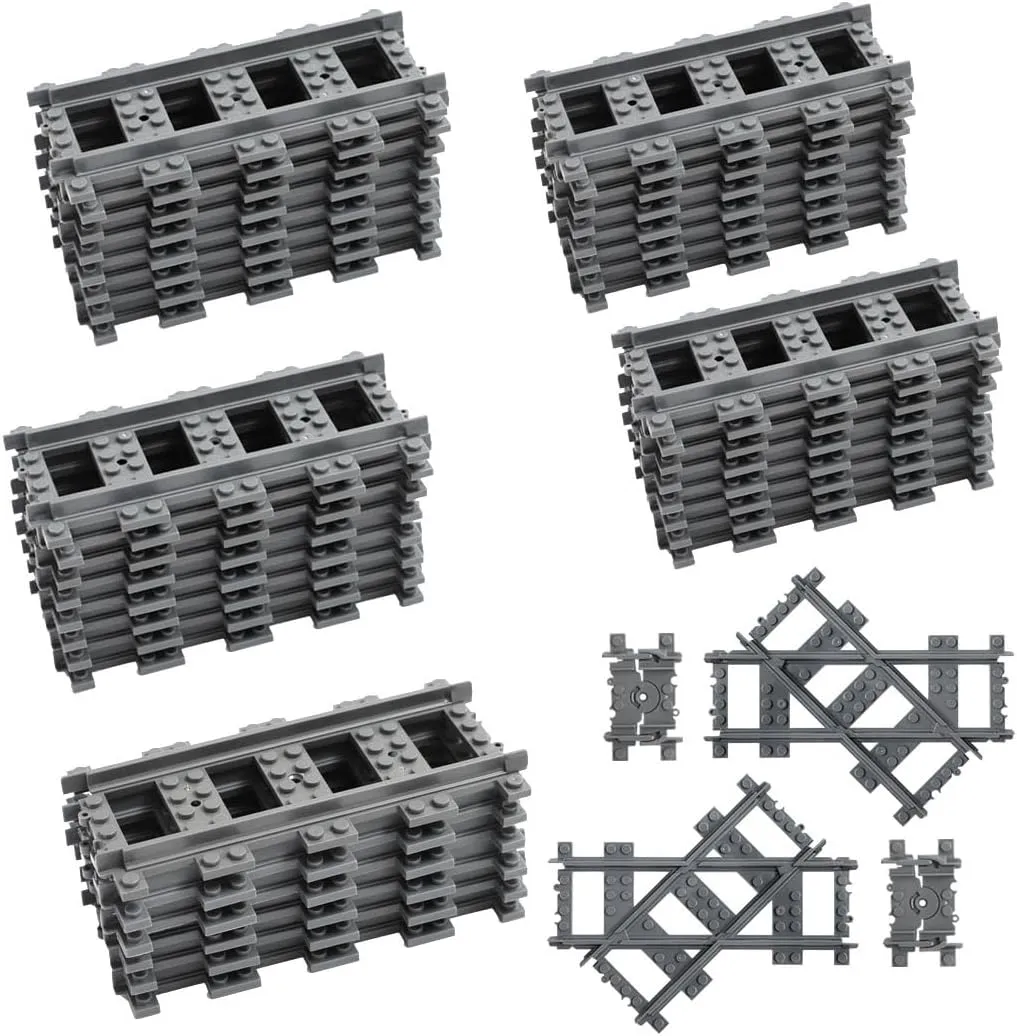 42PCS City Train Tracks, Classic Accessories, Railroad Building Toy Compatible with All Major Brand - 38 Straights, 2 Left Right 45° Intersection Rails, 2 Flexible Rails