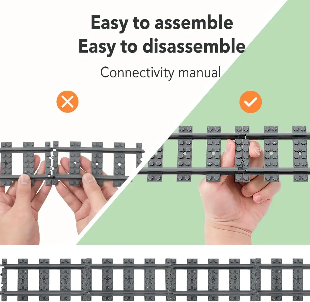 42PCS City Train Tracks, Classic Accessories, Railroad Building Toy Compatible with All Major Brand - 38 Straights, 2 Left Right 45° Intersection Rails, 2 Flexible Rails