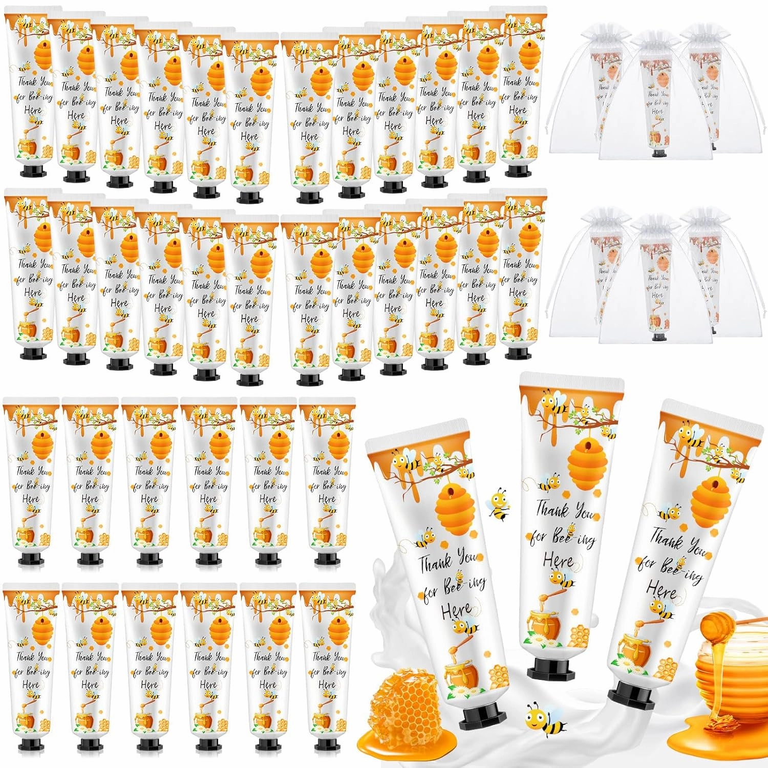 48 Sets Baby Shower Hand Cream Bulk Bee Honey Baby Shower Favors Bridal Thank You Hand Cream for Guests Travel Size Lotion with Organza Bags