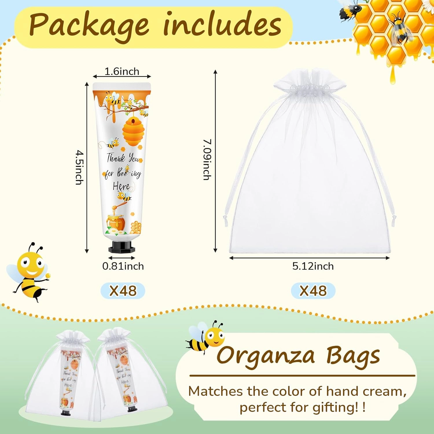 48 Sets Baby Shower Hand Cream Bulk Bee Honey Baby Shower Favors Bridal Thank You Hand Cream for Guests Travel Size Lotion with Organza Bags