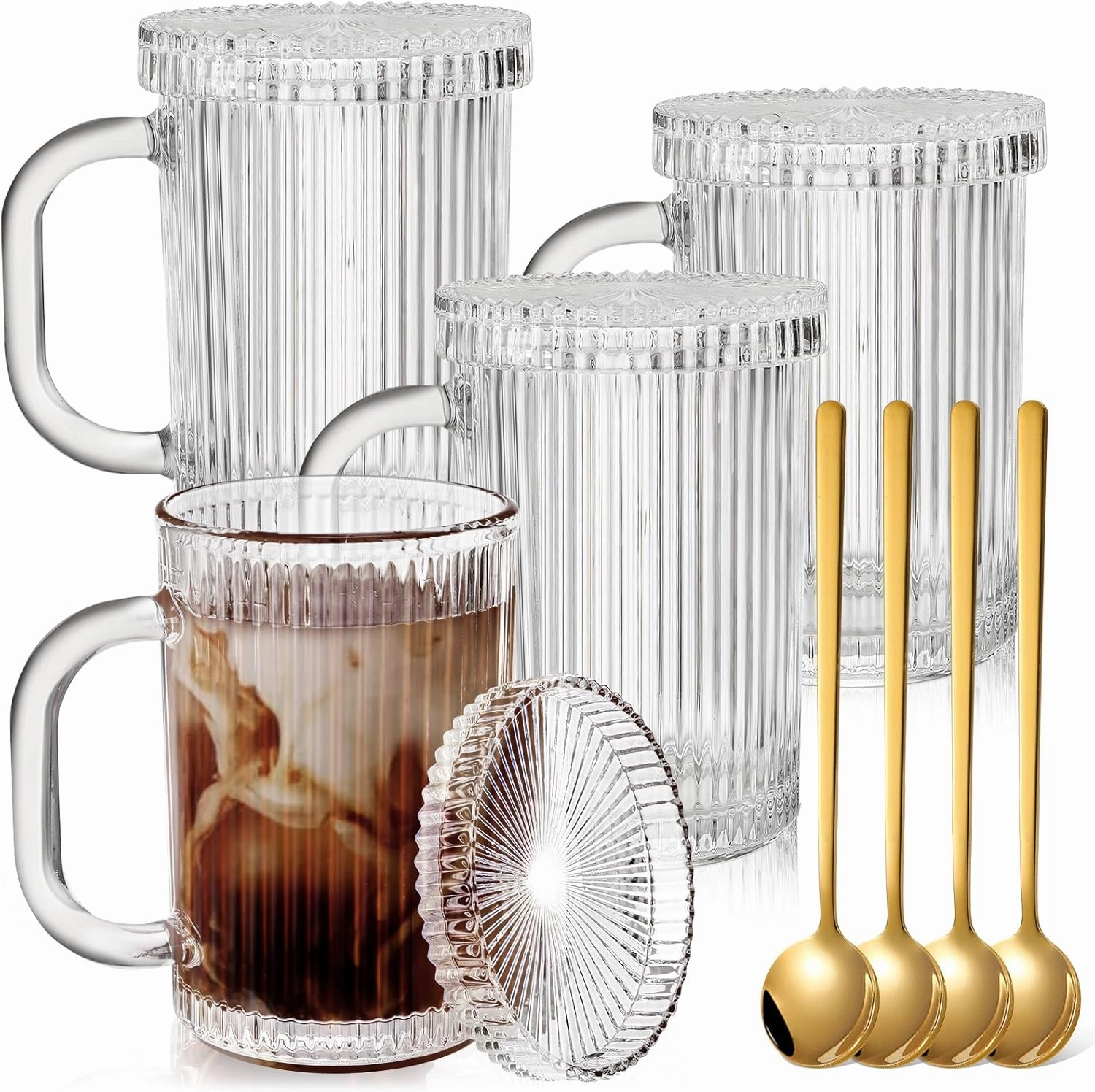 4 Pack Glass Coffee Mugs with Lid and Spoon, 13oz Ribbed Vertical Stripes Tea Cup, Classic Clear Drinking Glassware Set for Hot Cold Beverage, Housewarming Christmas Anniversary Birthday Gift