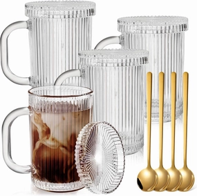 4 Pack Glass Coffee Mugs with Lid and Spoon, 13oz Ribbed Vertical Stripes Tea Cup, Classic Clear Drinking Glassware Set for Hot Cold Beverage, Housewarming Christmas Anniversary Birthday Gift