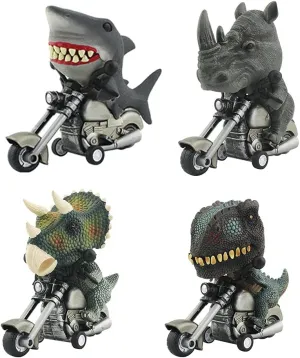 4PCS Friction Powered Inertia Animal Motorcycle Toy Vehicles Gifts for Kids Boys Age 3,4,5,6,7,8,9 Shark Toy Car   Special Rhino Toy   Dinosaur Motorcycle Game T-Rex and Triceratops Monster Dino Toys