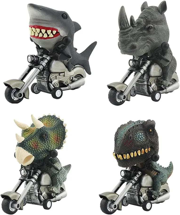 4PCS Friction Powered Inertia Animal Motorcycle Toy Vehicles Gifts for Kids Boys Age 3,4,5,6,7,8,9 Shark Toy Car   Special Rhino Toy   Dinosaur Motorcycle Game T-Rex and Triceratops Monster Dino Toys