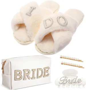 5 Pcs Bridal Gift Set Bride Makeup Bag I Do Bride Slippers Claw Hair Clip and Hairpins Accessories Wedding Engagement Gift Shower for Bridal Engagement Bachelorette Party
