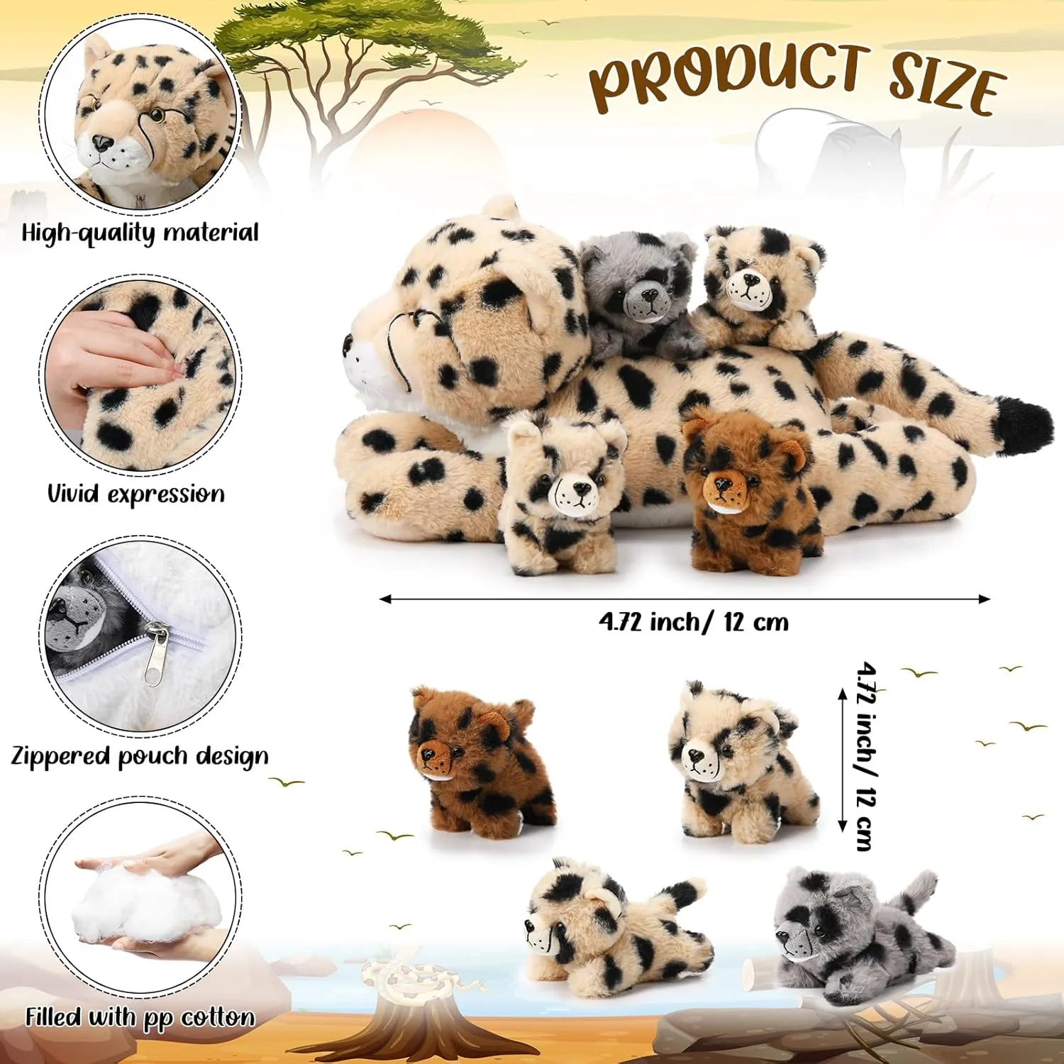 5 Pcs Cheetah Stuffed Animals Set Large Mommy Cheetah Plush with 4 Soft Cuddly Baby Cubs in Her Tummy for Boys Girls Birthday Graduation Gifts Forest Party Decors(Lying Style)