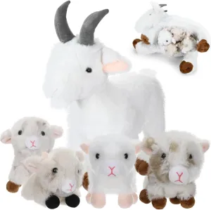 5 Pcs Goat Plush Toys Gift Set 15.7 Large Mommy Goat Stuffed Animal White with 4 Cute Babies in Zippered Belly Nurturing Plushie Toy Set for Kid Adults Birthday Birthday Party Favors Gifts
