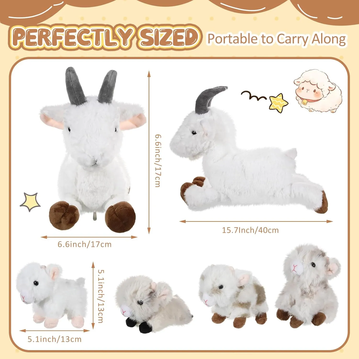 5 Pcs Goat Plush Toys Gift Set 15.7 Large Mommy Goat Stuffed Animal White with 4 Cute Babies in Zippered Belly Nurturing Plushie Toy Set for Kid Adults Birthday Birthday Party Favors Gifts