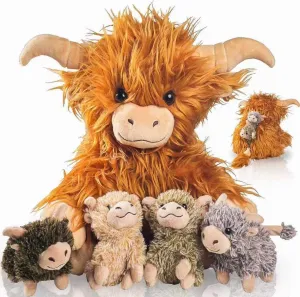 5 Pcs Highland Cow Stuffed Animal with Babies Inside 14" Large Fluffy Stuffed Highland Cow Plush Toy with 4 Baby Calves Highland Cows Doll Set for Kids Birthday Easter Stuffers Gifts