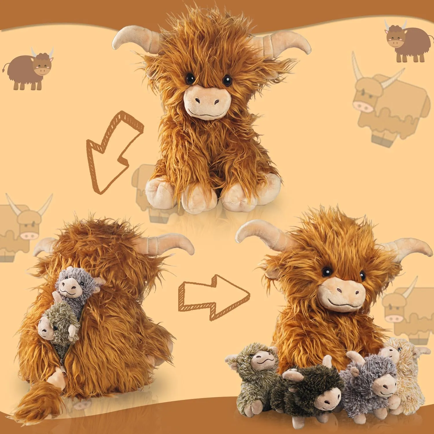 5 Pcs Highland Cow Stuffed Animal with Babies Inside 14" Large Fluffy Stuffed Highland Cow Plush Toy with 4 Baby Calves Highland Cows Doll Set for Kids Birthday Easter Stuffers Gifts