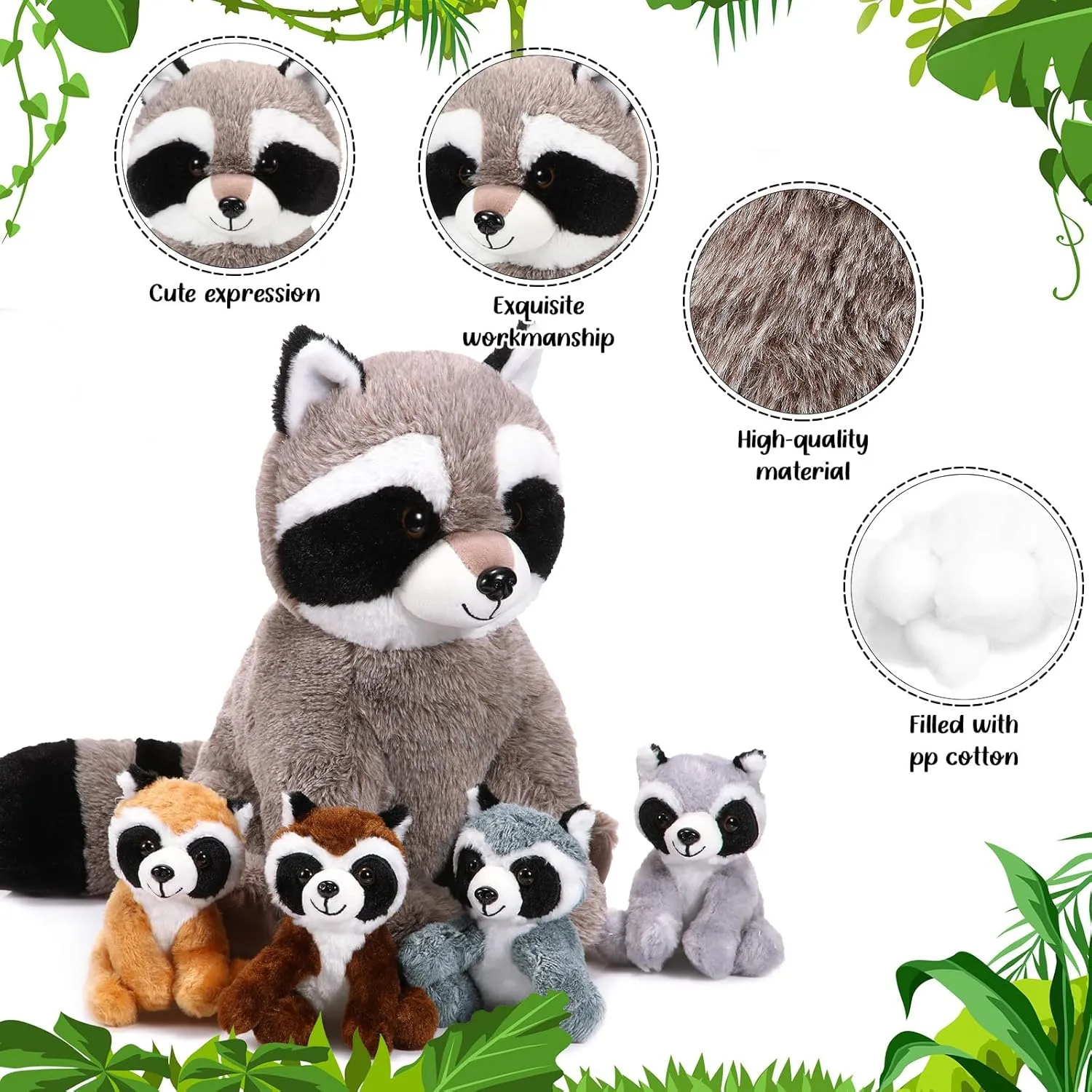 5 Pcs Raccoon Stuffed Animal Set Adorable Mommy Raccoon Plush with 4 Cute Babies in Tummy Soft Cuddly Plushie for Birthday Woodland Party Decor(Cuddly Style)