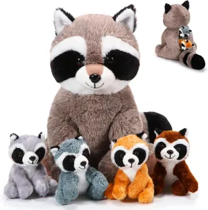 5 Pcs Raccoon Stuffed Animal Set Adorable Mommy Raccoon Plush with 4 Cute Babies in Tummy Soft Cuddly Plushie for Birthday Woodland Party Decor(Cuddly Style)