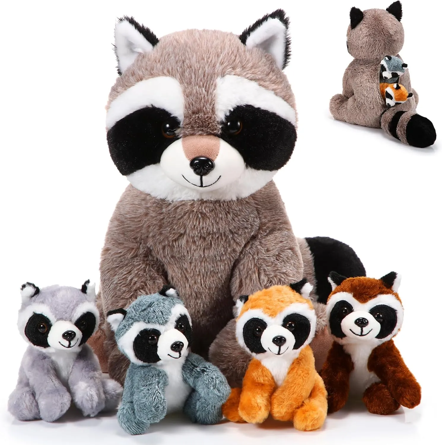 5 Pcs Raccoon Stuffed Animal Set Adorable Mommy Raccoon Plush with 4 Cute Babies in Tummy Soft Cuddly Plushie for Birthday Woodland Party Decor(Cuddly Style)