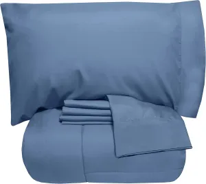 5 Piece Twin Comforter Set All Season Soft Down Alternative Blanket & Luxurious Cotton Fits Mattress Up to 18" Deep Pocket Bed 4 Piece Sheet Set Denim