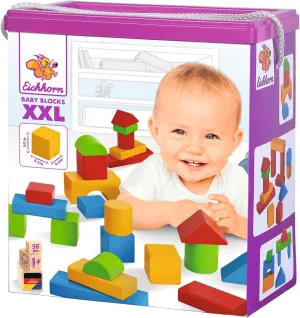 50 Extra Large Baby Wooden Building Blocks in Storage Box with Cord, for Children from One Year