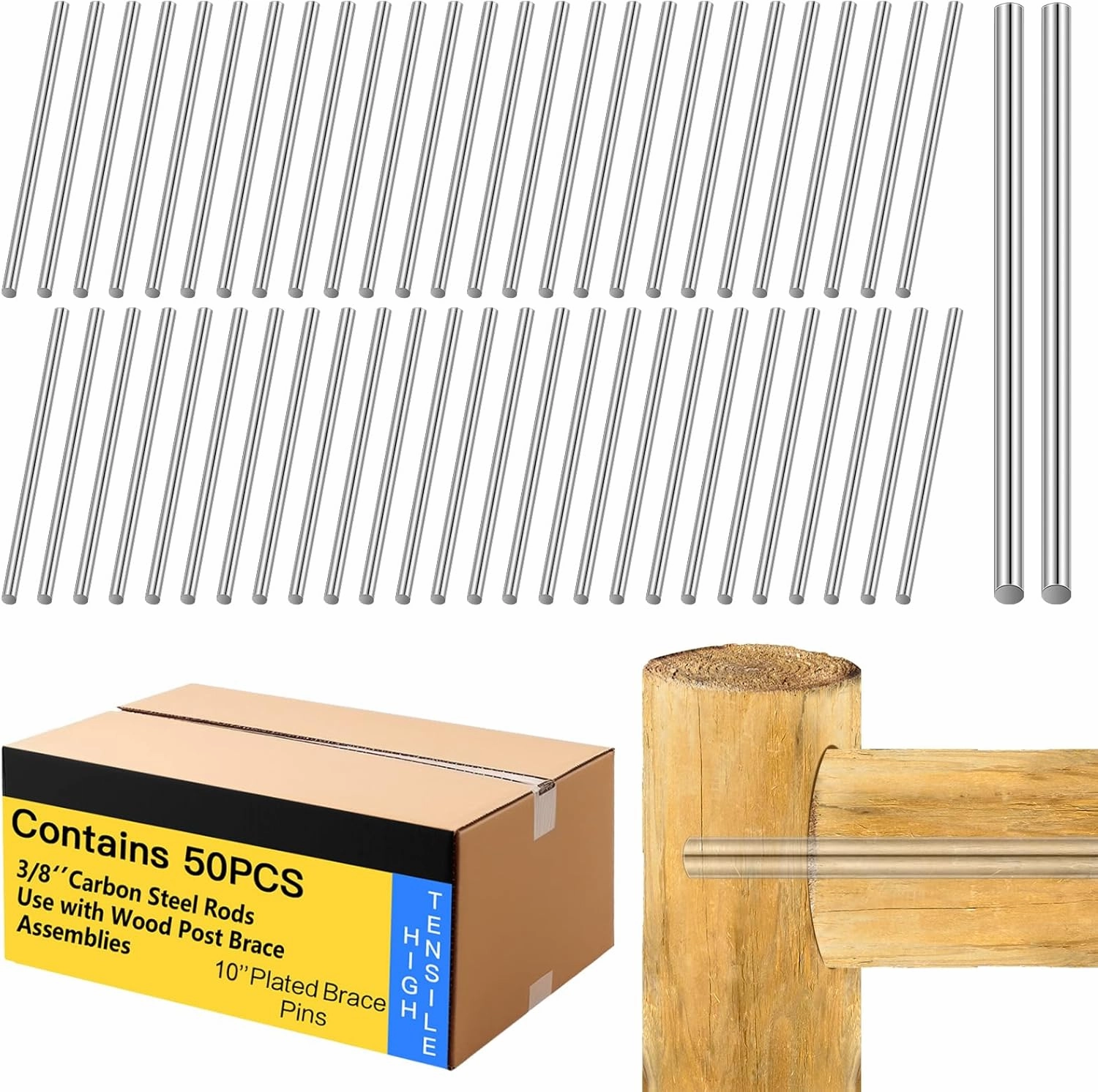 50 Pcs 10'' X 3/8 Inch Galvanized Brace Pin Shelf Brackets Pegs for H- Fence Rust-Resistant Plated Brace Pins Fence Post Bracing Tool for Homeowners Farmers Contractors Building Farm