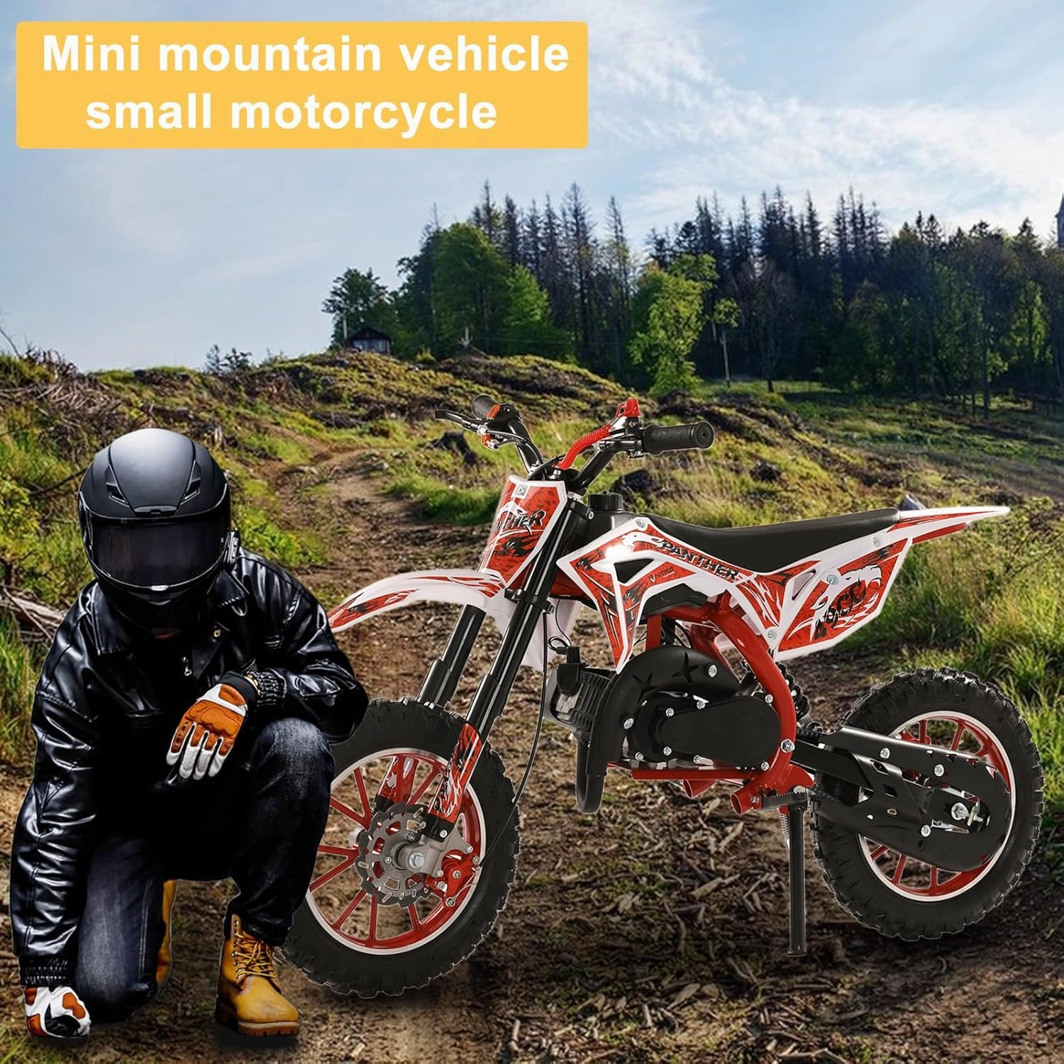 50cc Kids Gas Dirt Bike,Children 2-Stroke Gas Power Motorcycle Petrol Pocket Motorbike Off Road Mini Bike with Front Rear Disc Brakes Max Speed 40KM/H for Boy Girl Age 8-14 Red